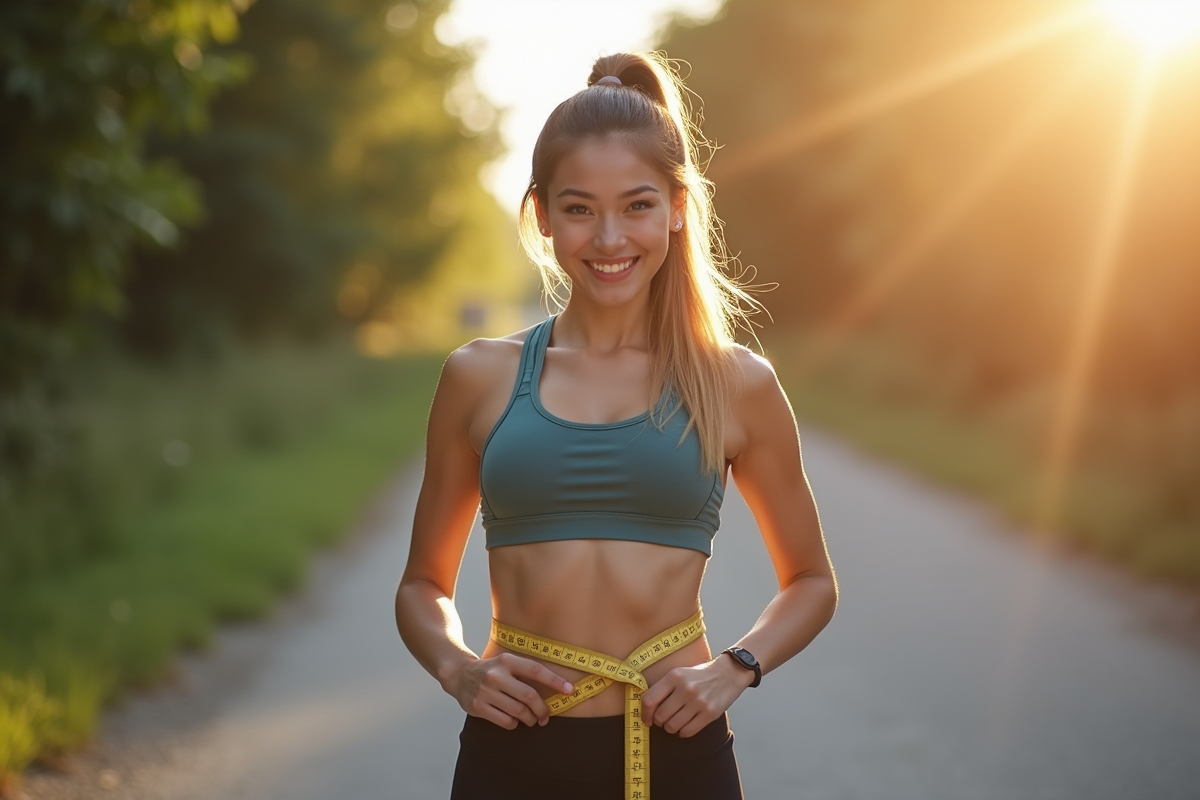 Jeune femme sportive mesurant sa taille en extérieur
