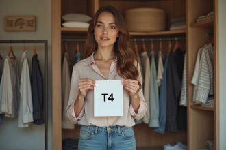 Femme tenant un étiquette de taille T4 dans une chambre chaleureuse