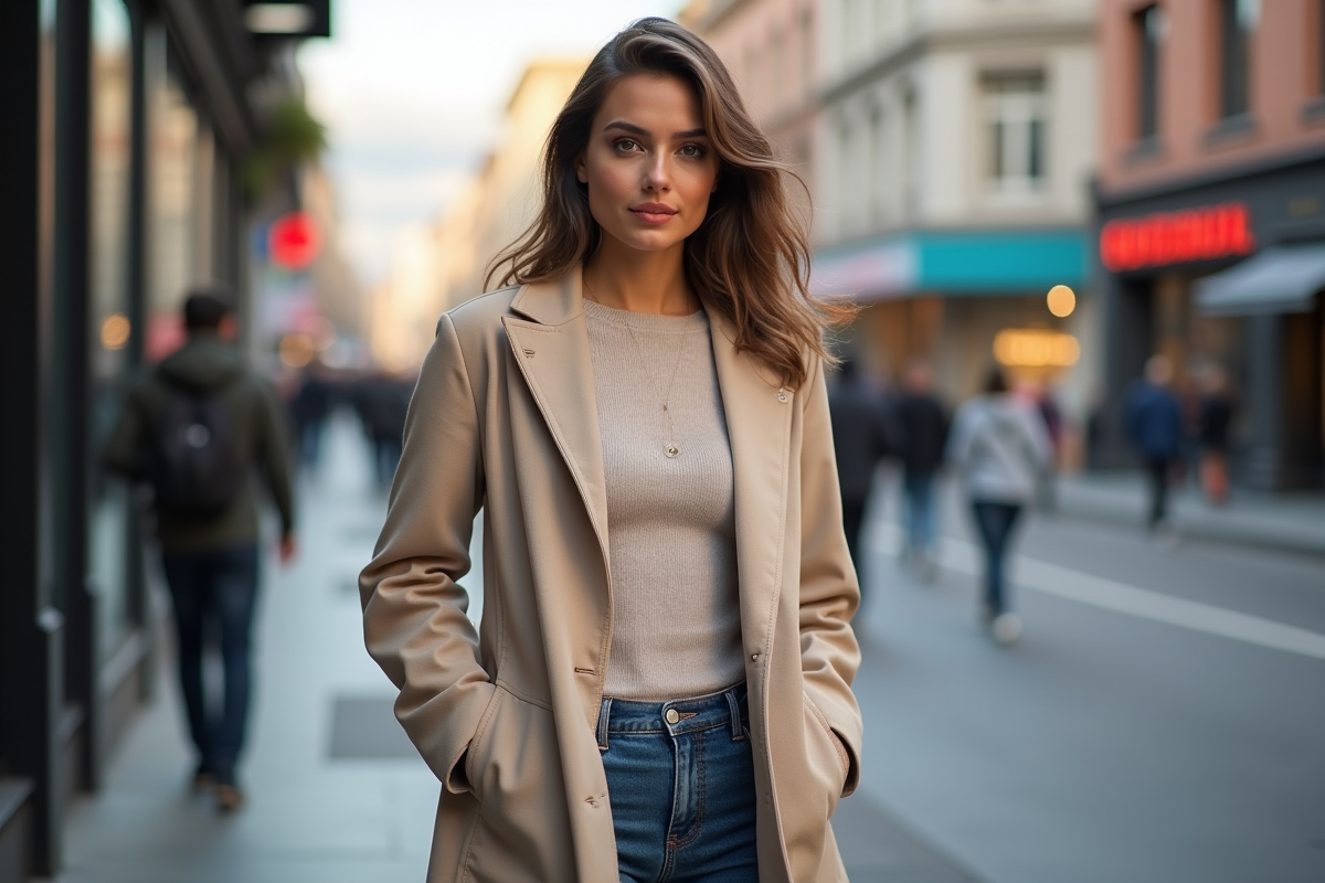 Femme élégante dans la rue en ville en manteau neutre