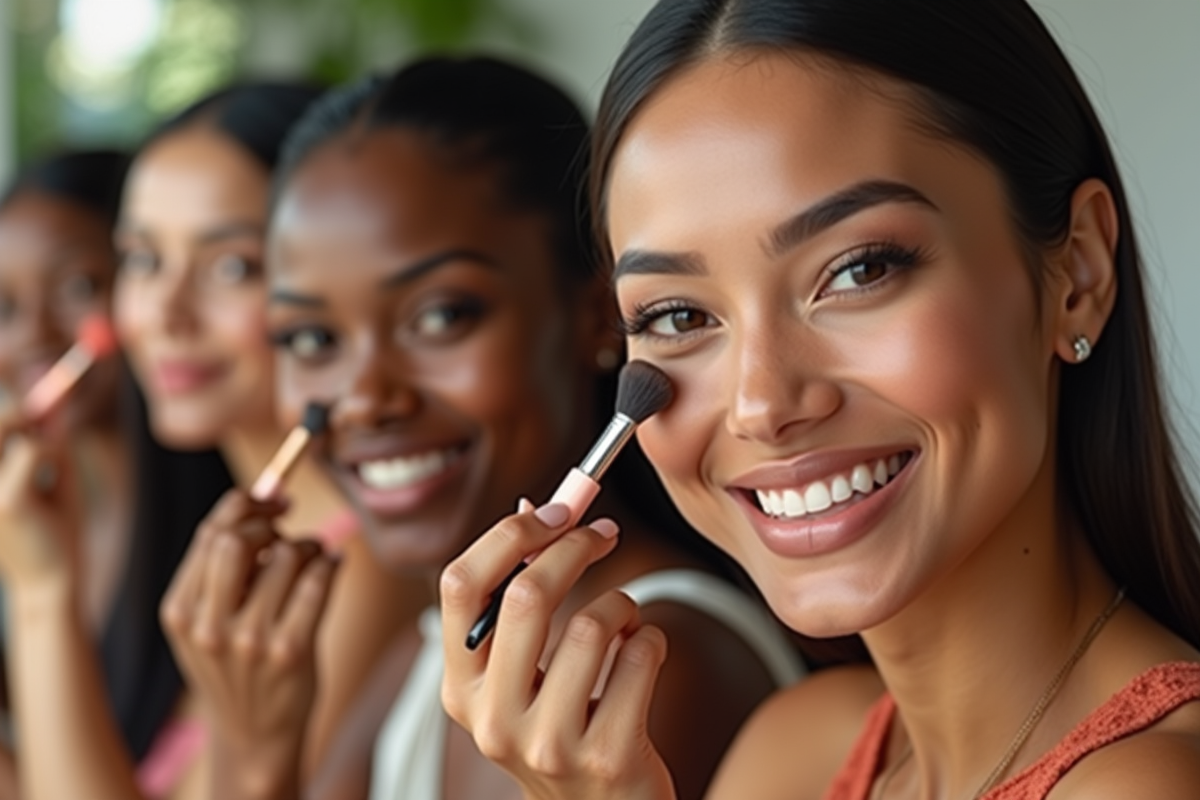 Groupe de femmes diverses appliquant du maquillage naturel