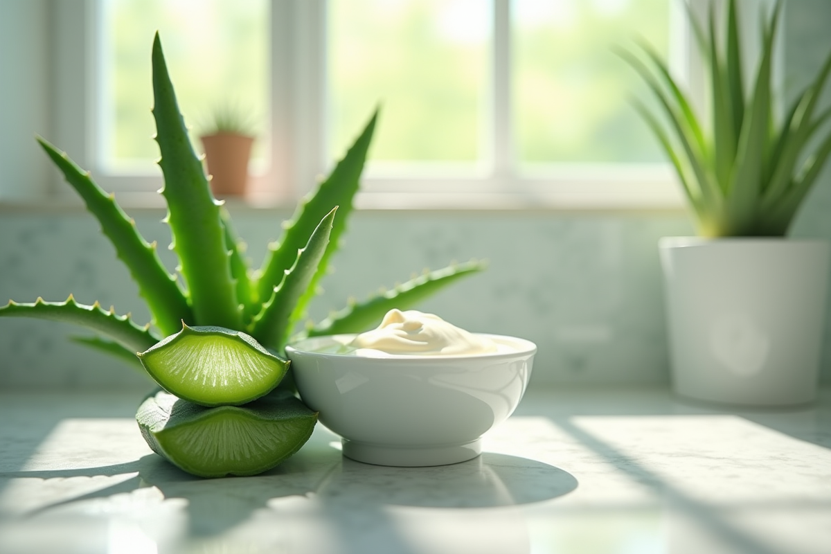 Aloe vera frais et crème naturelle sur comptoir