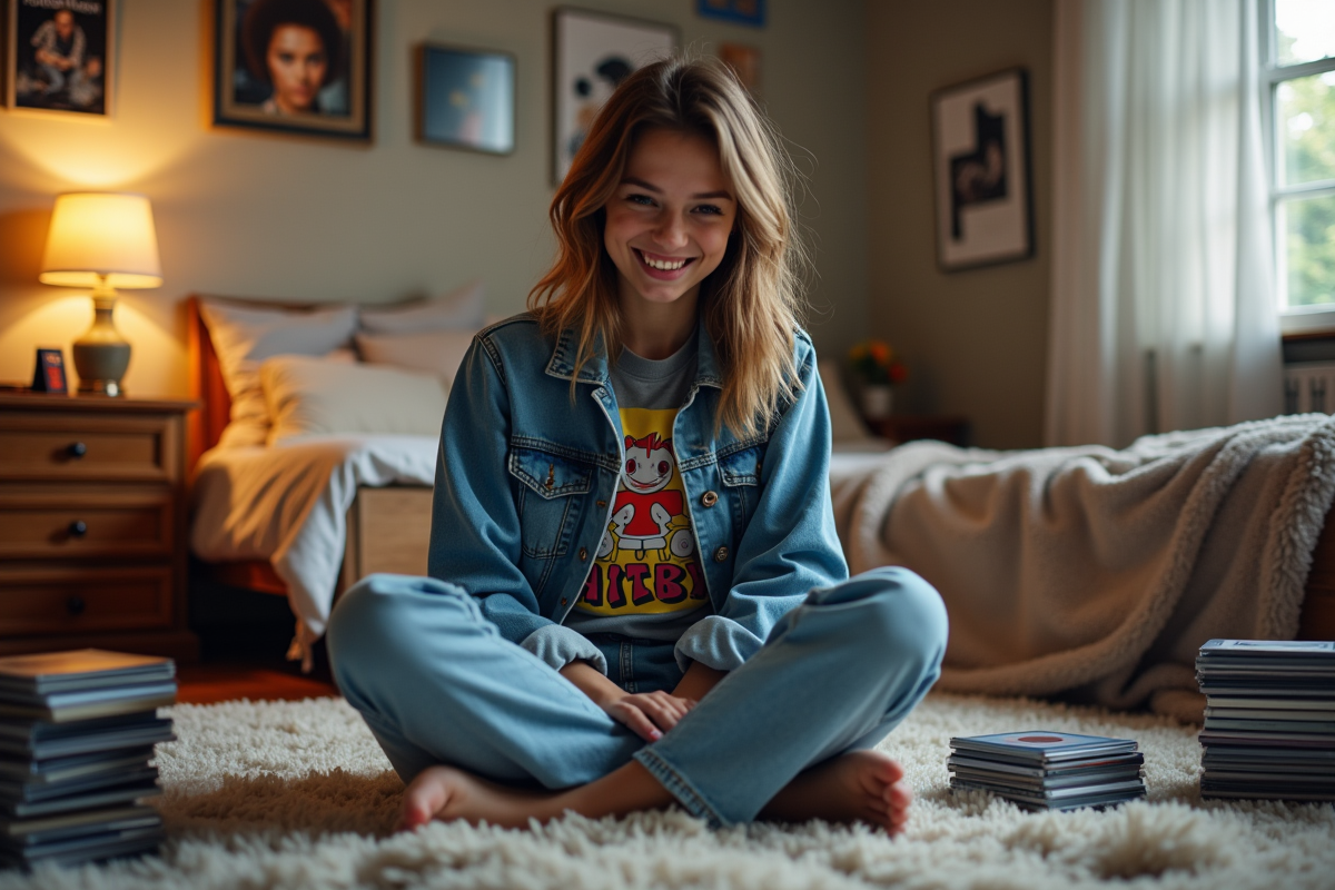 Jeune femme dans sa chambre en train de choisir des CDs 90s