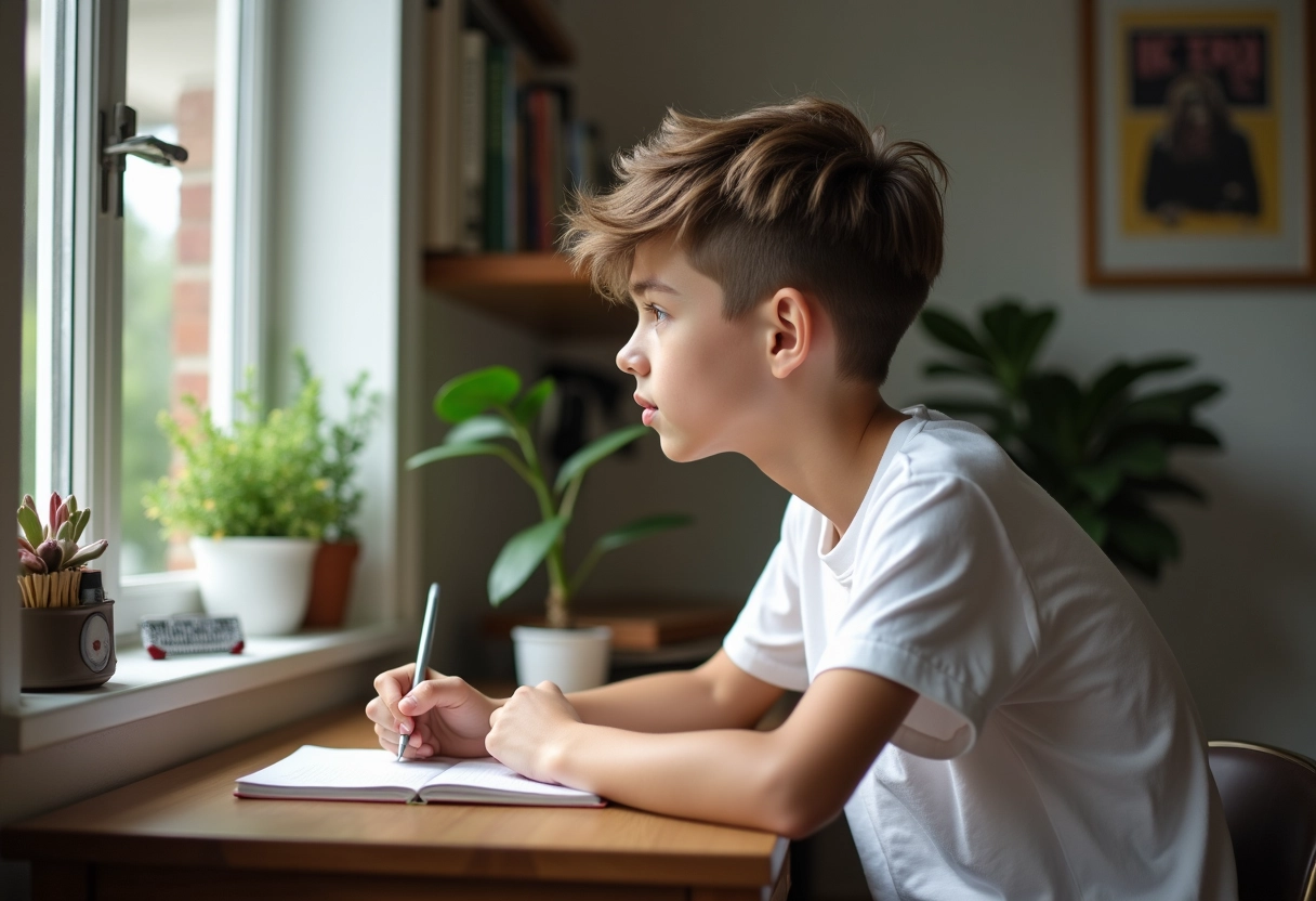 Garçon de 14 ans dessinant dans sa chambre moderne
