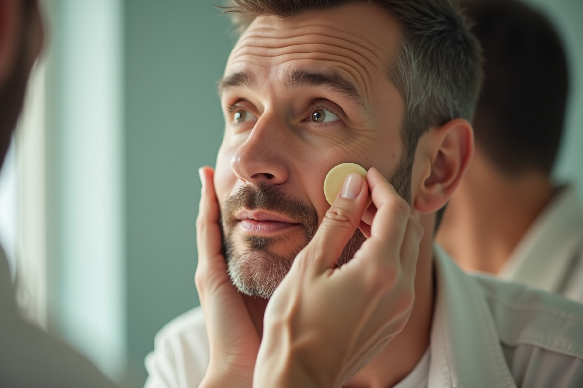 Homme appliquant fond de teint dans une salle de bain lumineuse