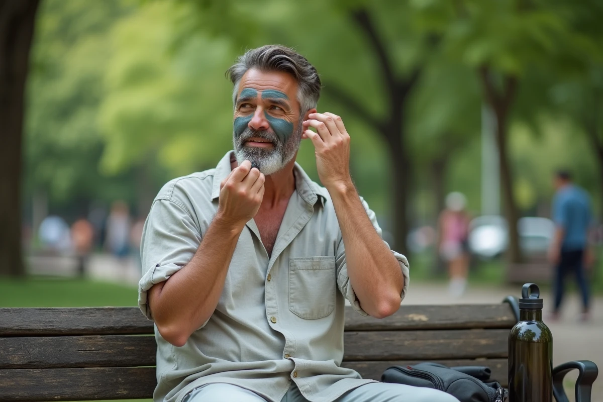 Homme applique un masque naturel dans un parc urbain