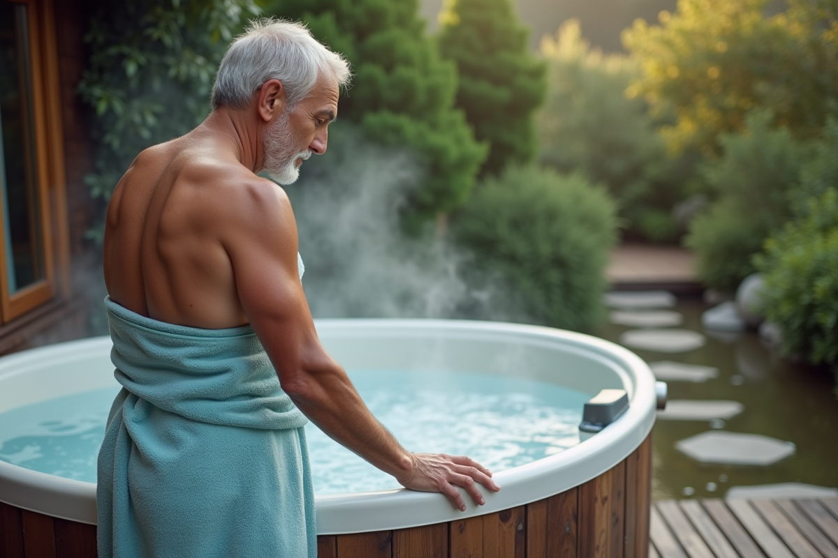 Homme en serviette dans un bain extérieur avec jardin