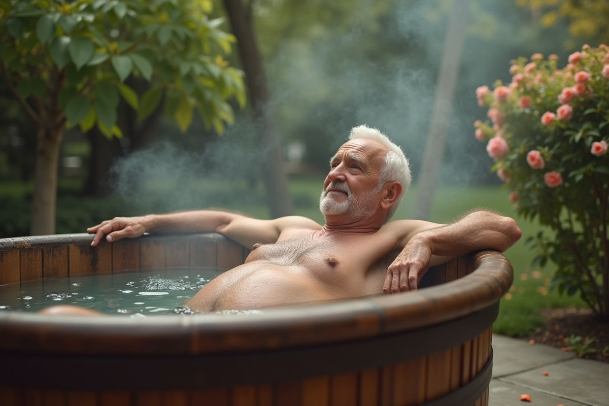 Homme âgé relaxant dans un bain en plein air avec jardin
