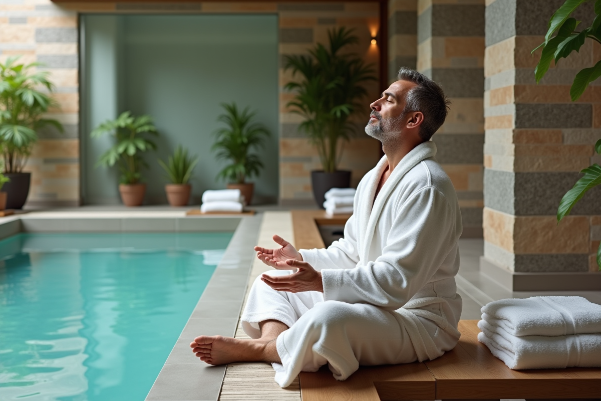 Homme en peignoir blanc pratiquant la respiration profonde au spa