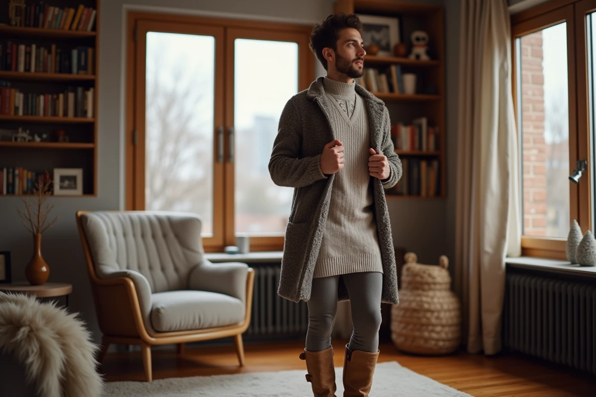 Jeune homme ajustant son cardigan dans un salon chaleureux