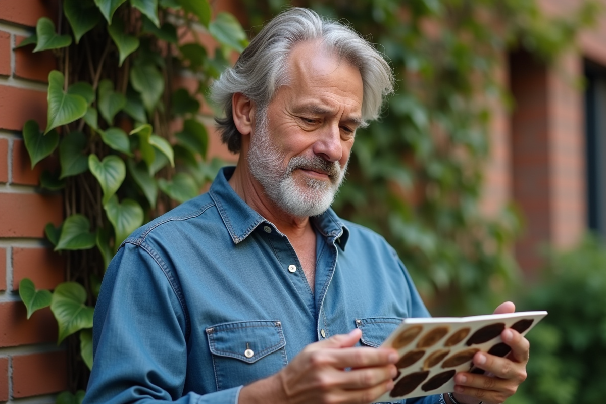 Homme examinant des échantillons de couleur de cheveux en extérieur