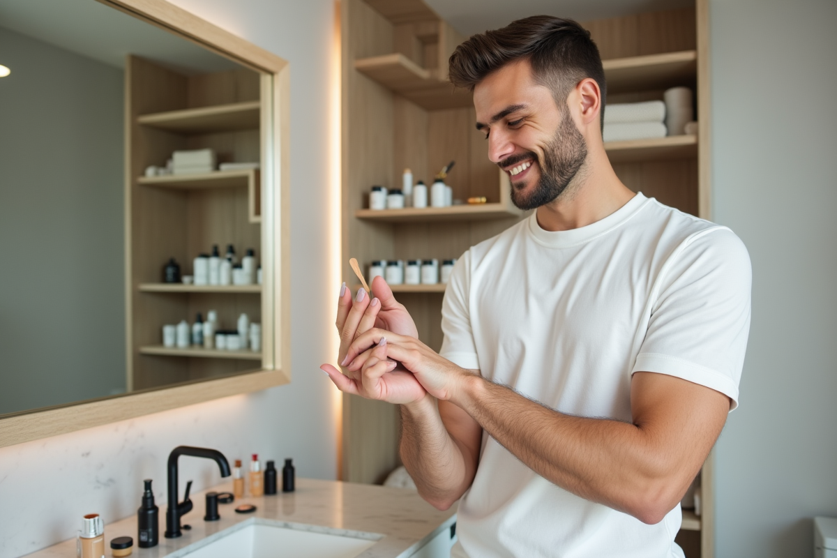 Homme examinant échantillons de fond de teint sur bras