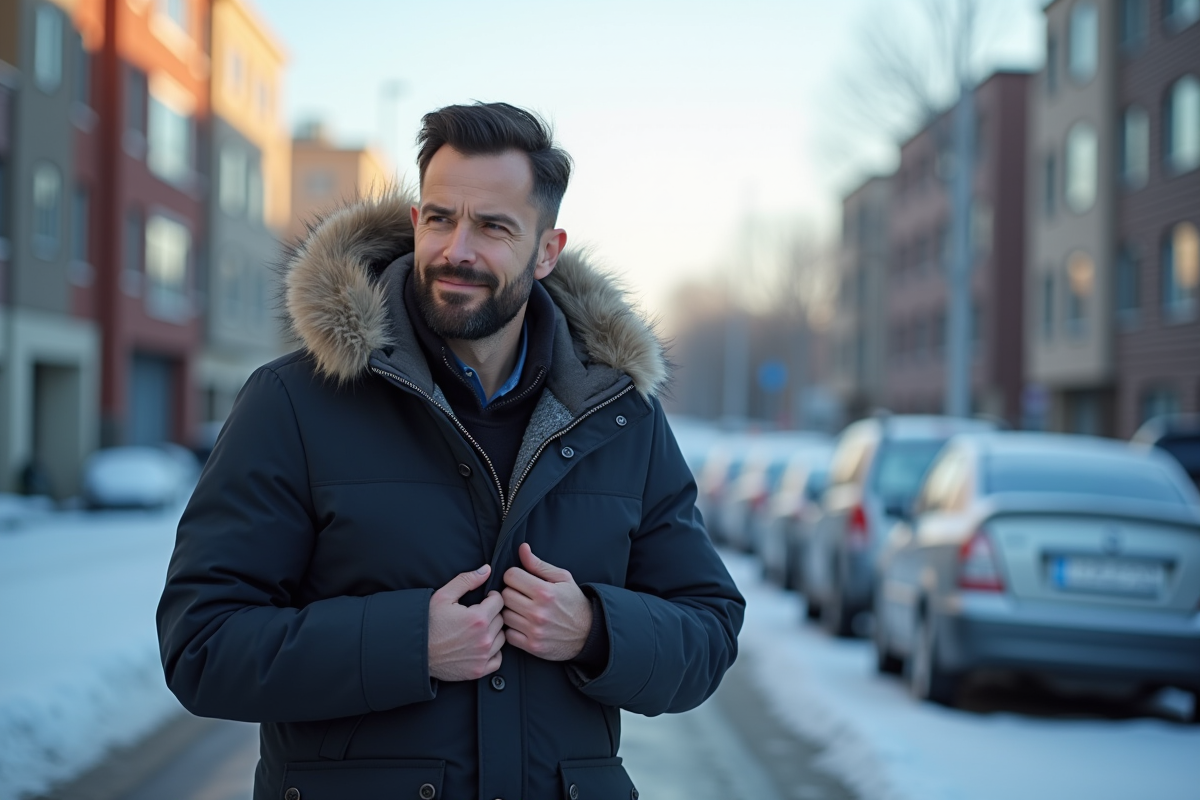 Homme boutonnant une parka sur une rue glacée au matin