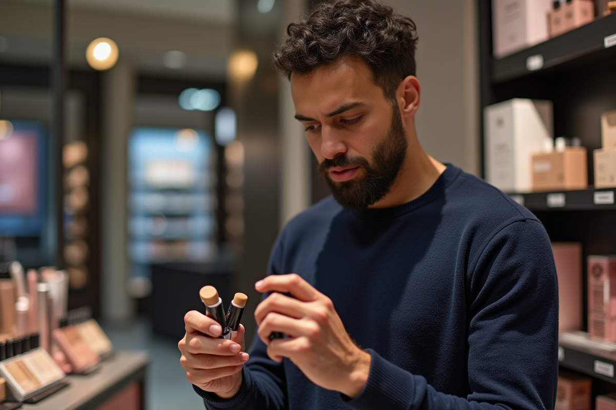 Homme examinant des sticks de contour en magasin