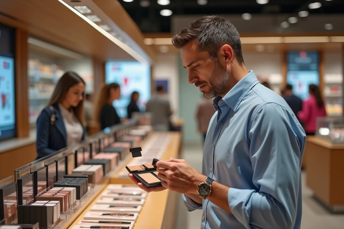 Homme inspectant un compact maquillage en magasin