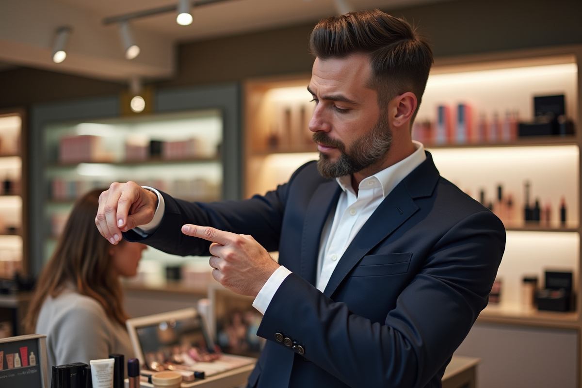 Homme en costume testant du fond de teint en magasin