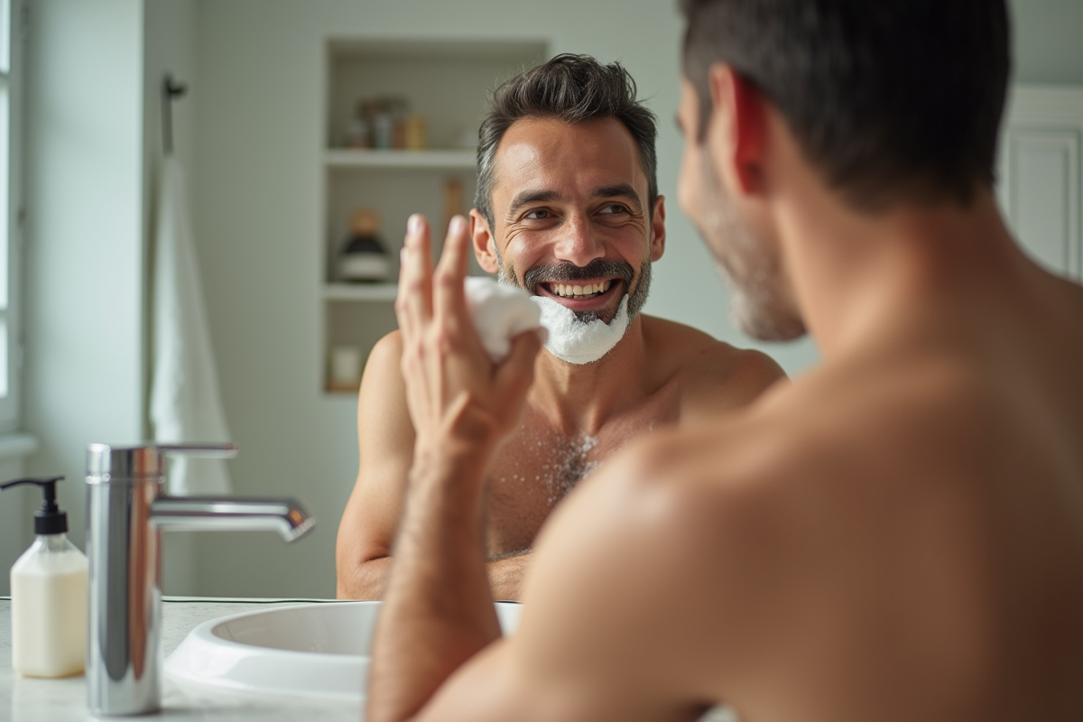 Homme utilisant un nettoyant visage dans sa salle de bain