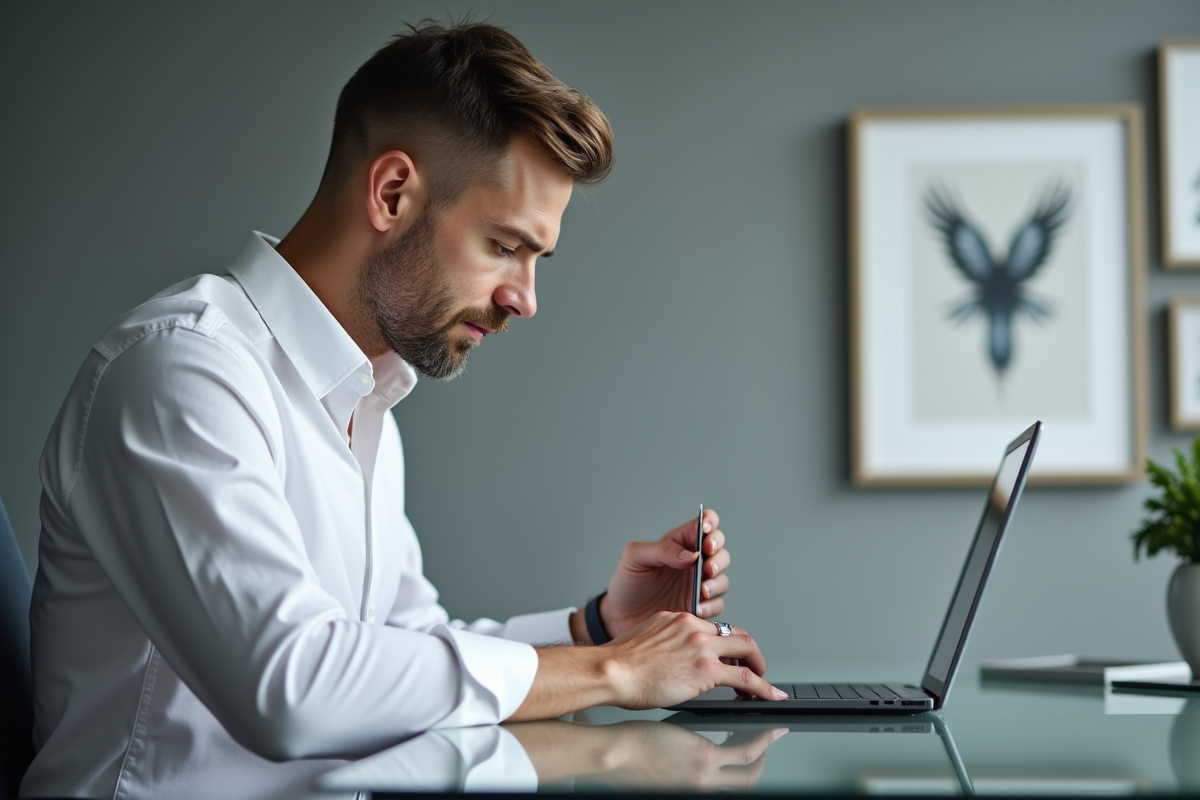 Homme utilisant une lime à ongles dans un bureau moderne