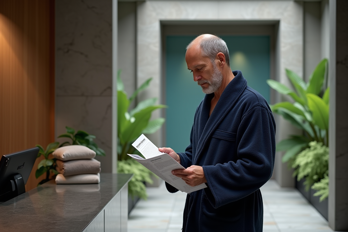 Homme en robe regardant brochure spa moderne