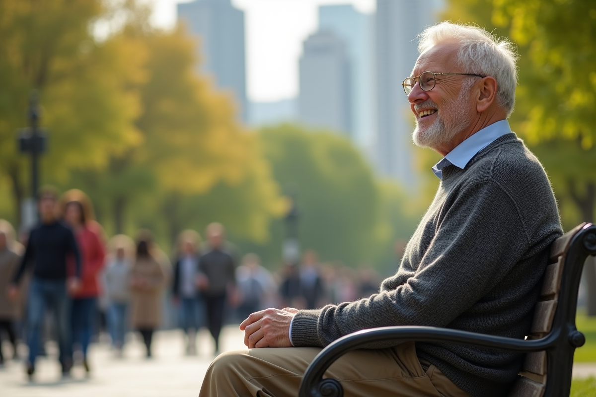 Homme senior souriant assis sur un banc dans un parc urbain