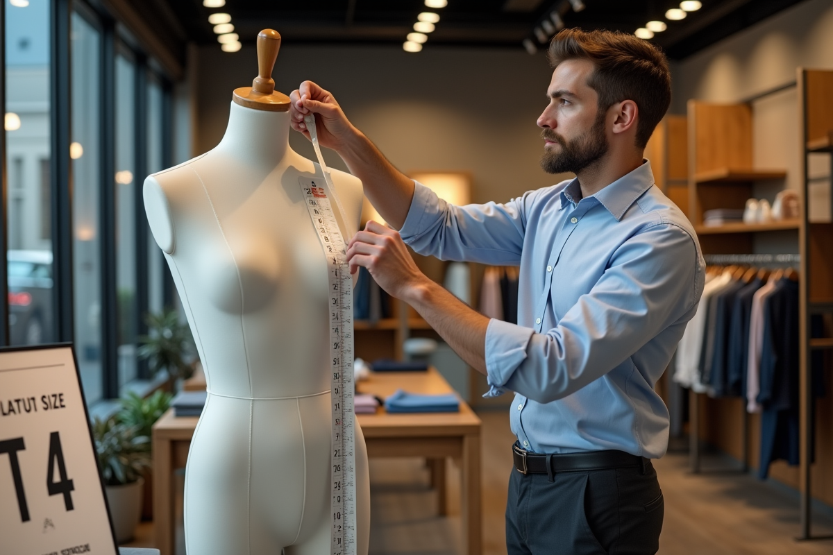 Vendeur mesurant un mannequin avec une règle dans un magasin moderne