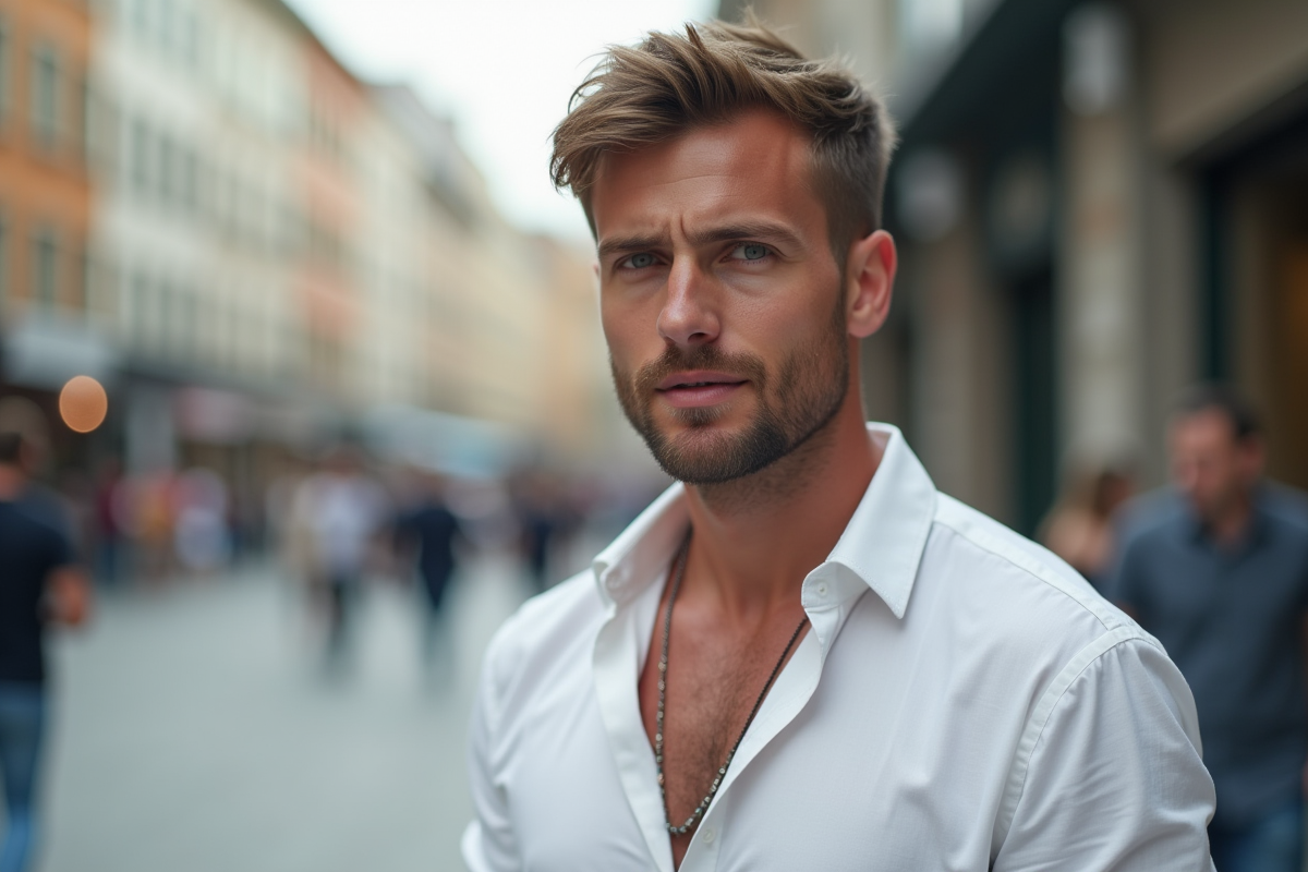 Homme en ville en pleine conversation en extérieur