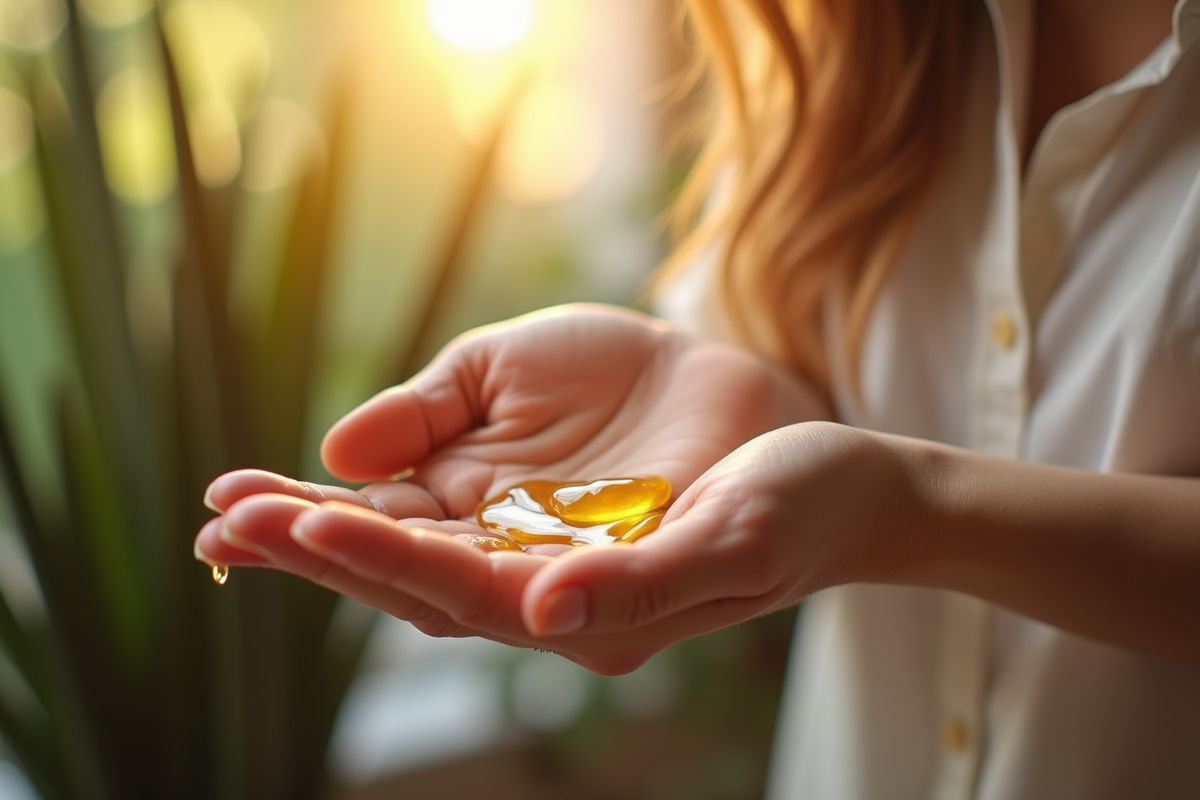 Mains avec huile dorée versant sur des cheveux brillants