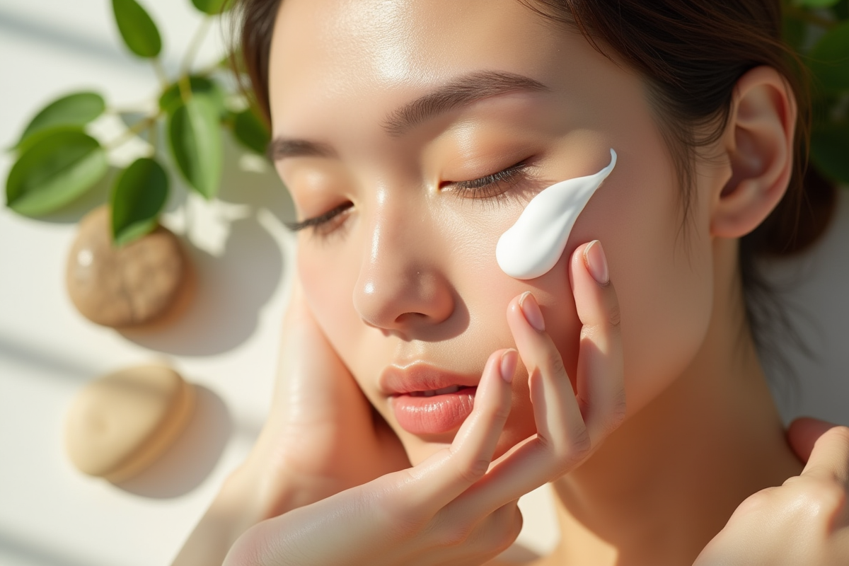 Main de femme appliquant une creme hydratante naturelle visage