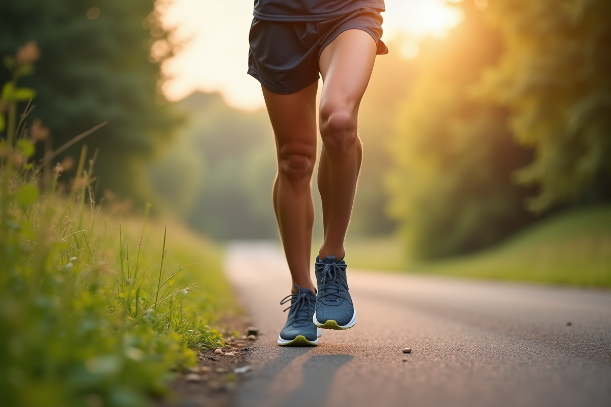 Jambes en tenue de sport sur sentier nature