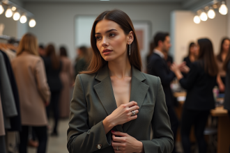 Jeune femme en backstage de mode ajustant son blazer