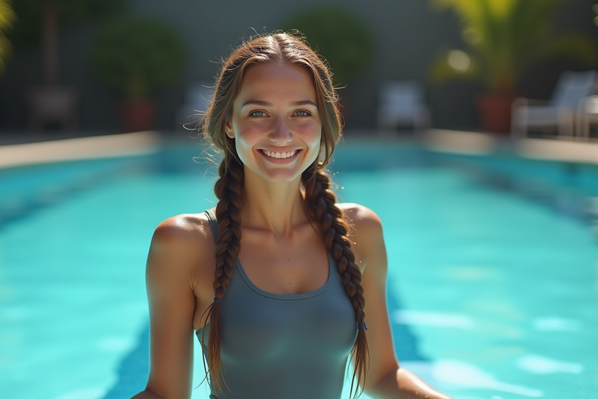 Jeune femme souriante dans une piscine extérieure