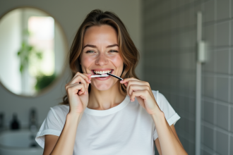 Jeune femme souriante se brossant les dents dans une salle de bain moderne