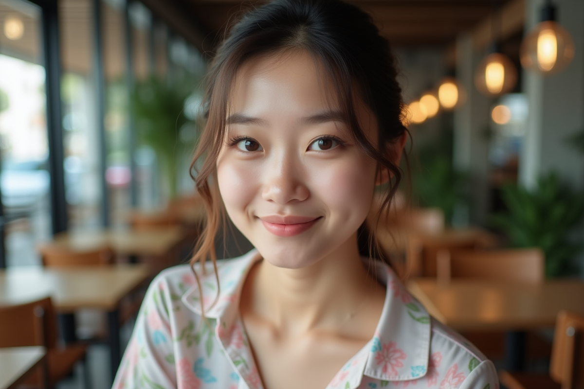 Jeune femme souriante dans un café aux yeux colorés