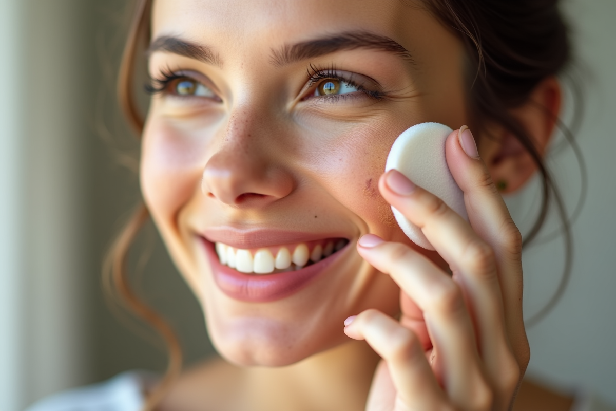 Jeune femme souriante appliquant un concealer sur une cicatrice
