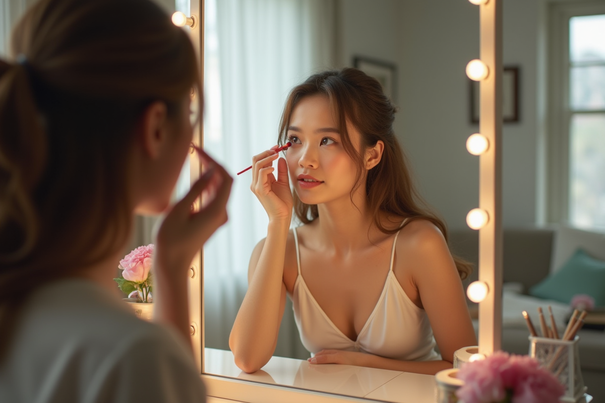 Jeune femme appliquant du maquillage devant un miroir naturel