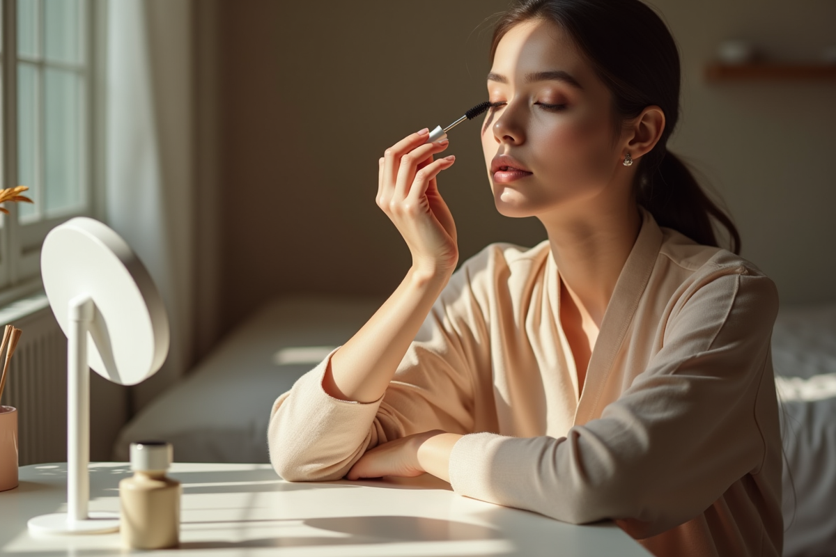 Jeune femme appliquant du mascara devant un miroir naturel