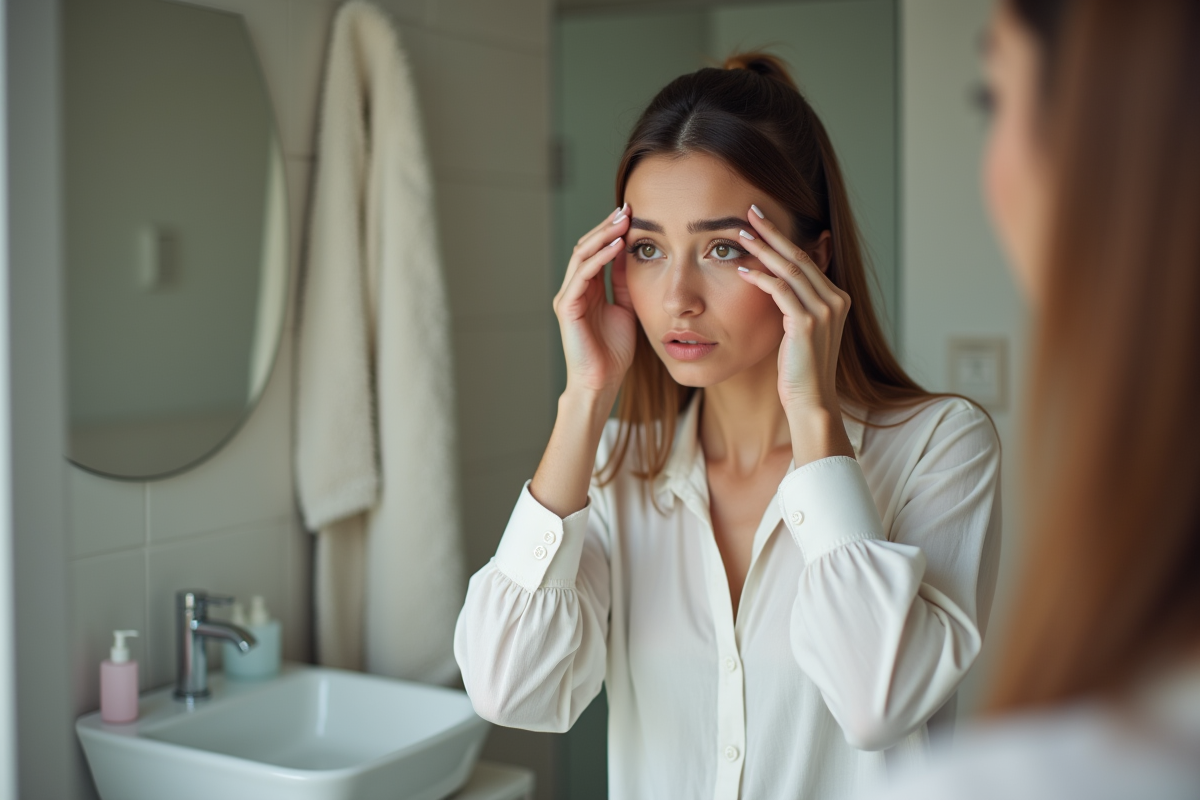 Jeune femme vérifiant ses sourcils chez elle