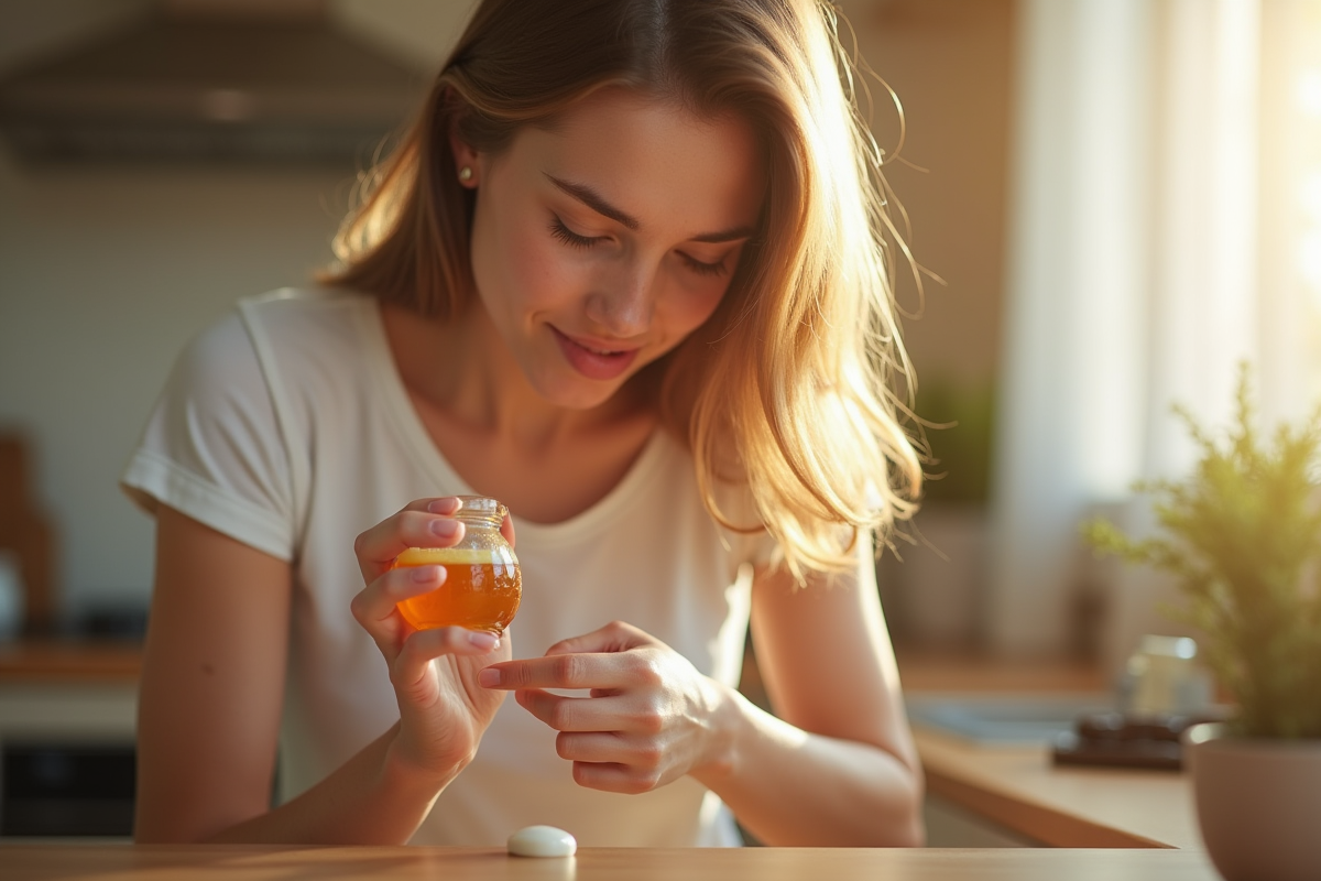 Jeune femme appliquant du miel sur une cicatrice sur le bras