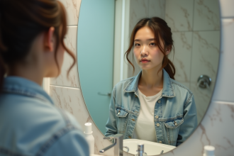 Jeune femme regardant son reflet dans un miroir de salle de bain