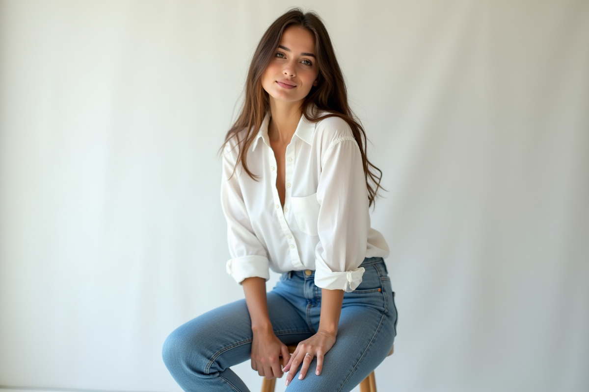 Jeune femme modèle en jeans et blouse blanche en studio