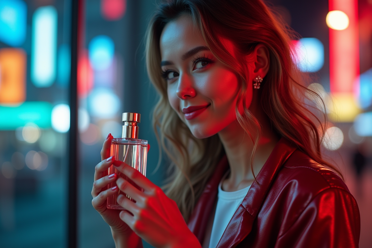 Jeune femme urbaine tenant un parfum dans un décor moderne