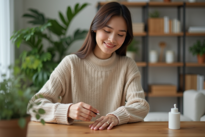 Jeune femme appliquant une huile sur ses ongles soignés