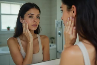 Jeune femme examine sa peau dans un miroir de salle de bain