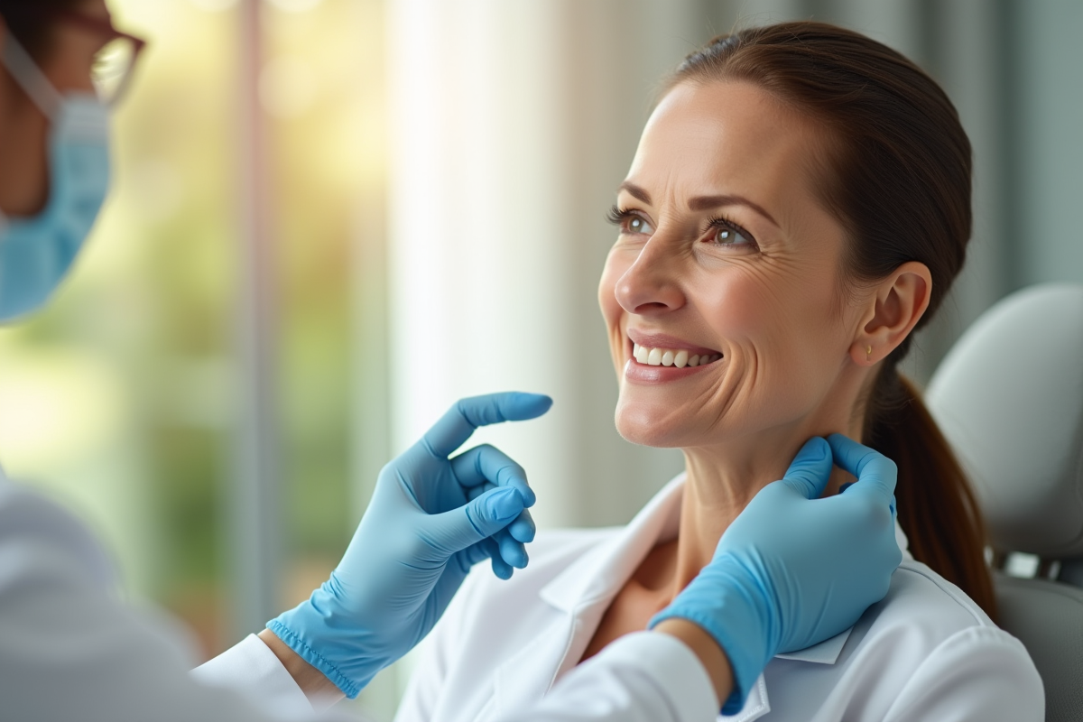 Femme d'âge moyen avec peau radieuse en clinique dermatologique