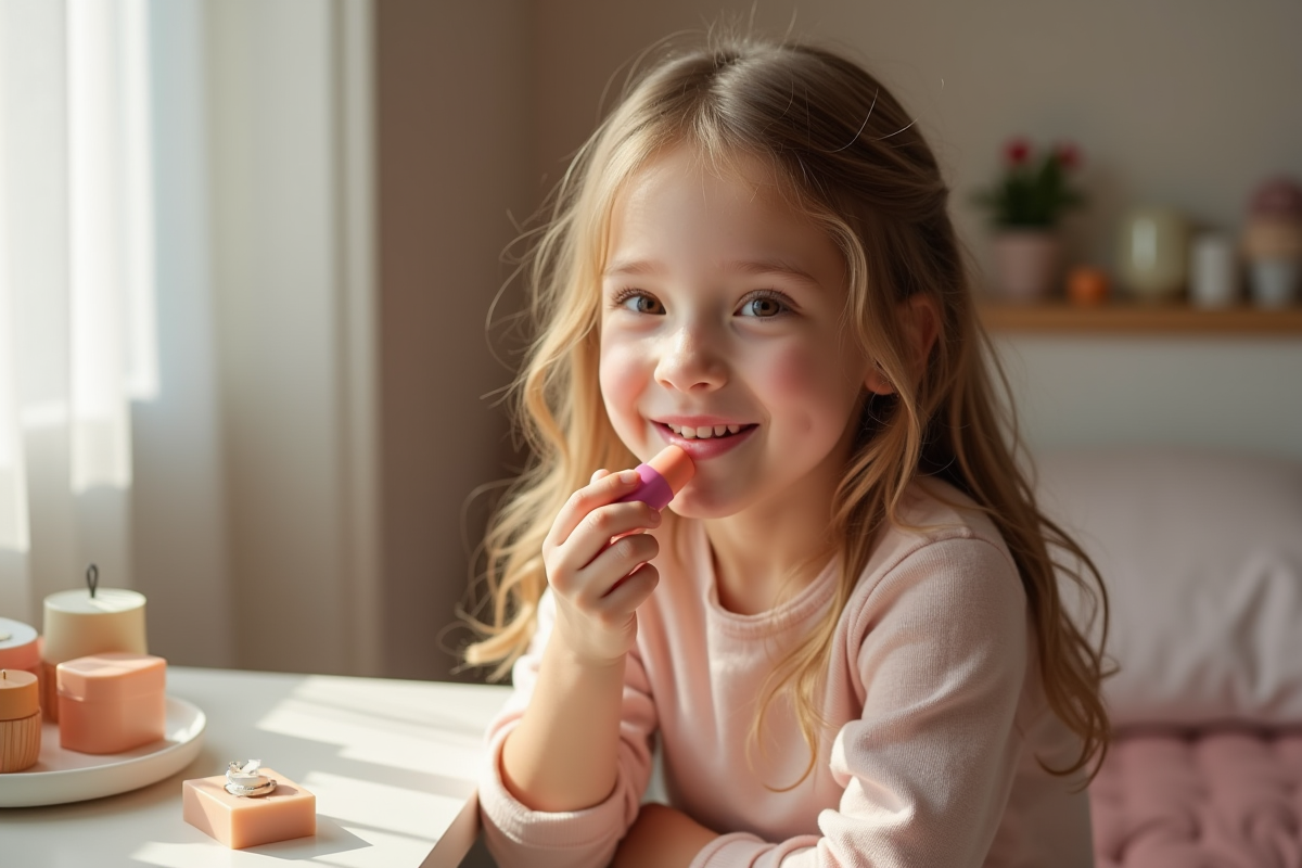Jeune fille souriante appliquant un baume à lèvres dans sa chambre