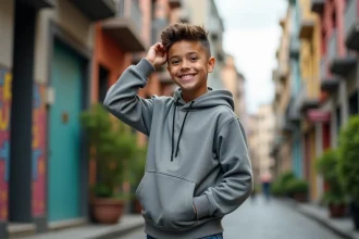 Jeune garçon de 14 ans dans la rue urbaine avec murales et verdure