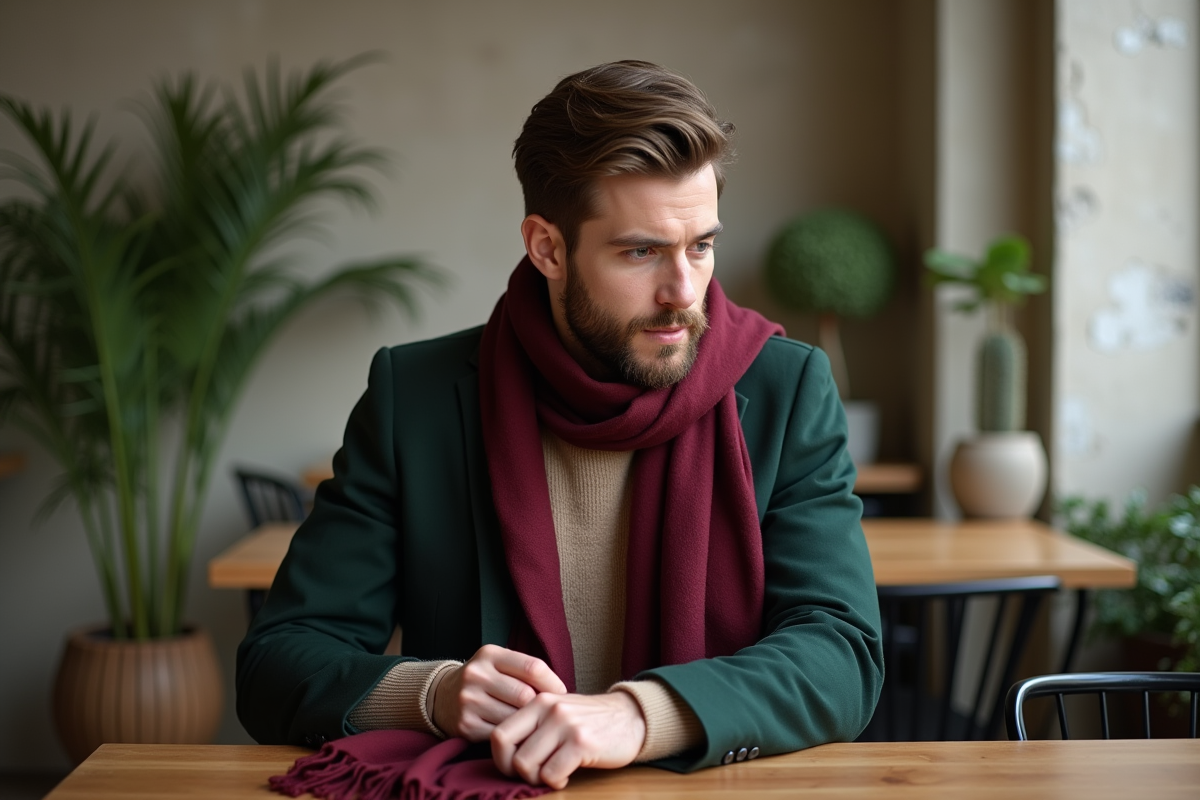 Jeune homme en pull taupe et écharpe bordeaux dans un café