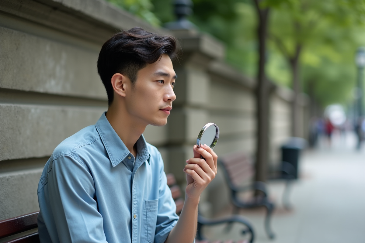 Jeune homme examinant sa peau avec un miroir en plein air