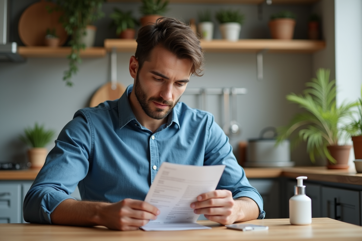 Jeune homme lisant une fiche sur les produits pour taches de peau