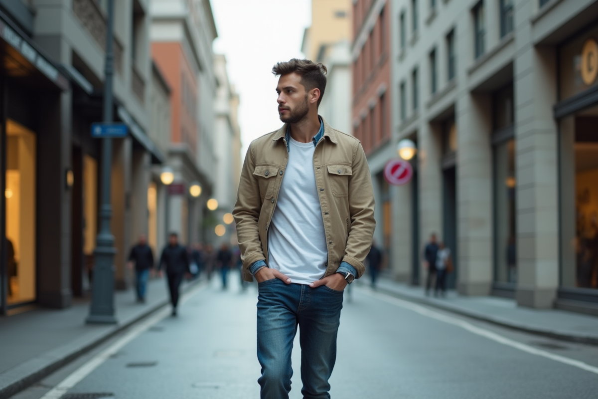 Jeune homme en rue urbaine en tenue décontractée