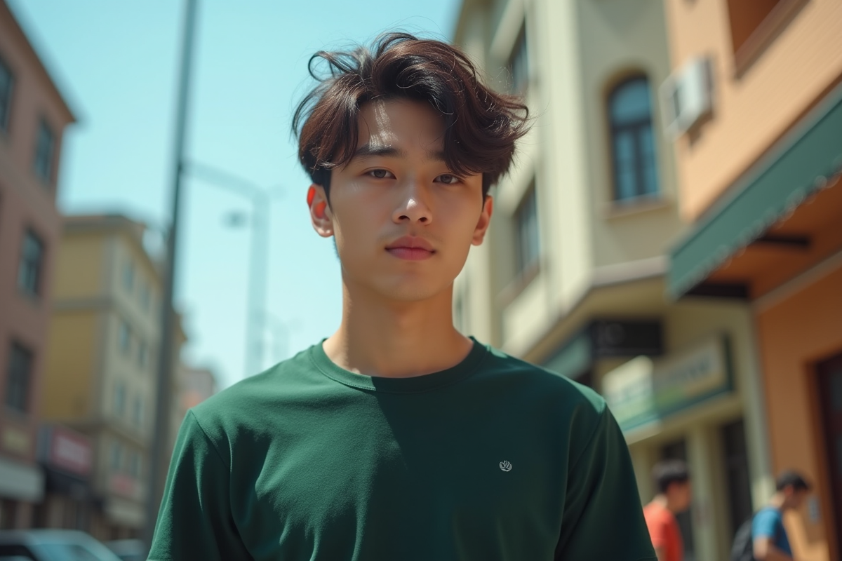 Jeune homme en ville sous le soleil avec t-shirt vert